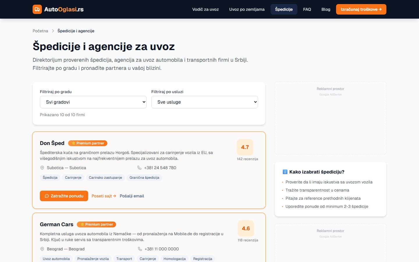 AutoOglasi.rs — Špedicije