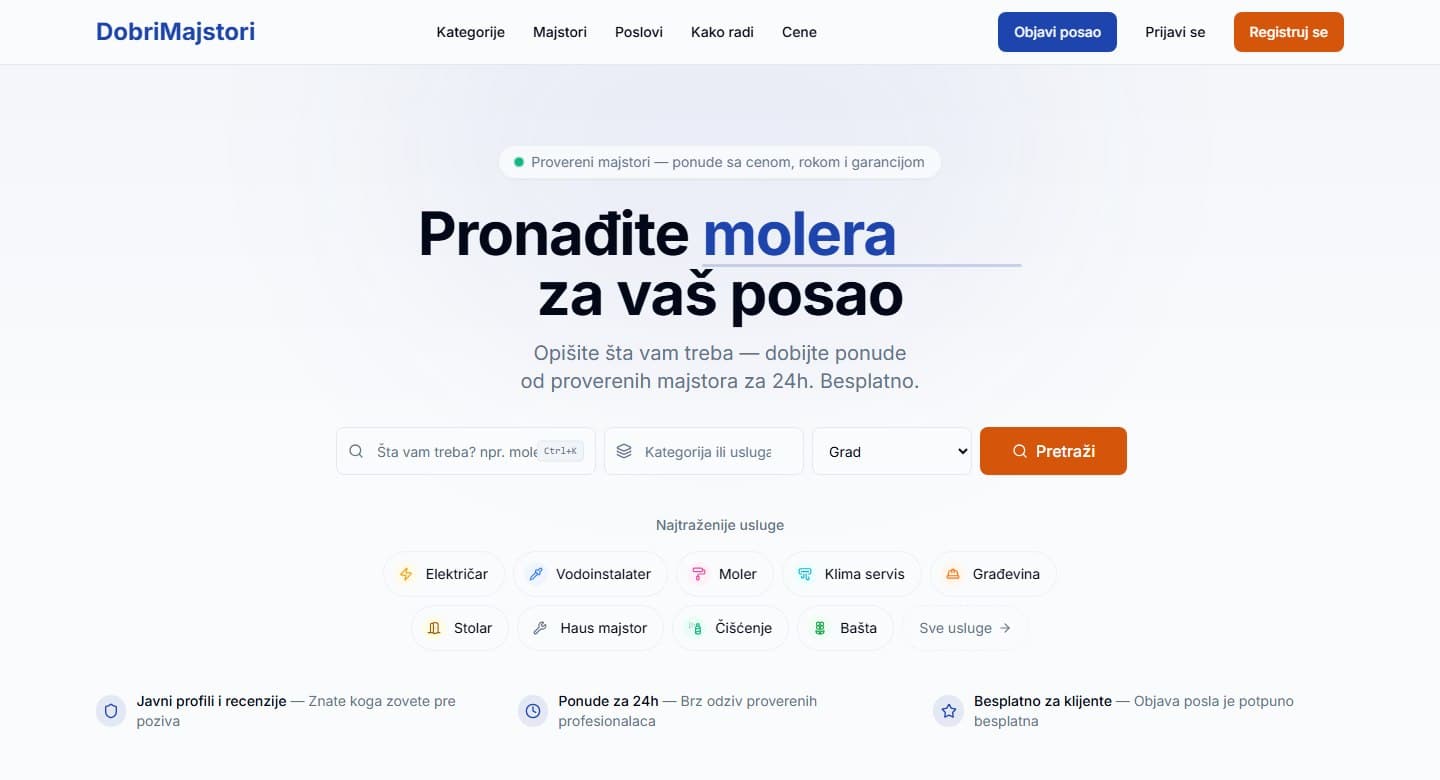 DobriMajstori — naslovna strana sa pretragom majstora po usluzi i gradu