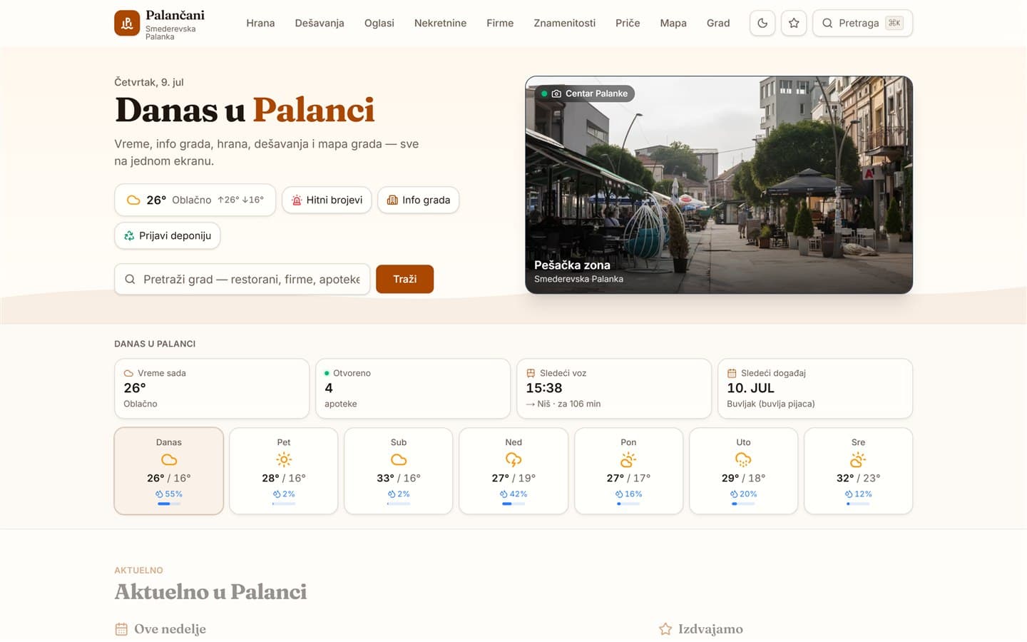 Palančani.rs — naslovni ekran sa vremenom, pretragom i informacijama grada