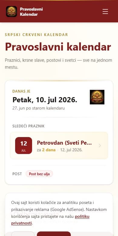 Pravoslavni kalendar na mobilnom telefonu